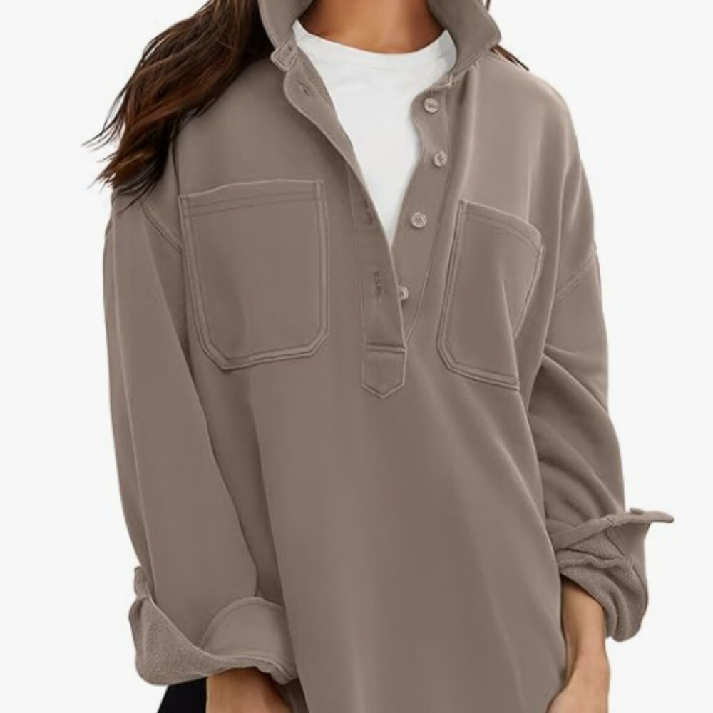 Sweatshirt for Women Oversized Casual Long Sleeve Side Slit Button Lapel Polo M